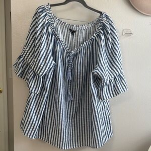 Unique Spectrum Blue and White Ruffled Tie Front Blouse Size 3X